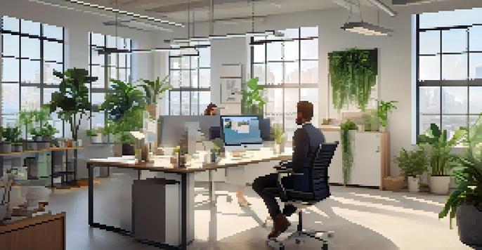 A peaceful office scene with a leader interacting with a diverse team, filled with natural light and greenery.