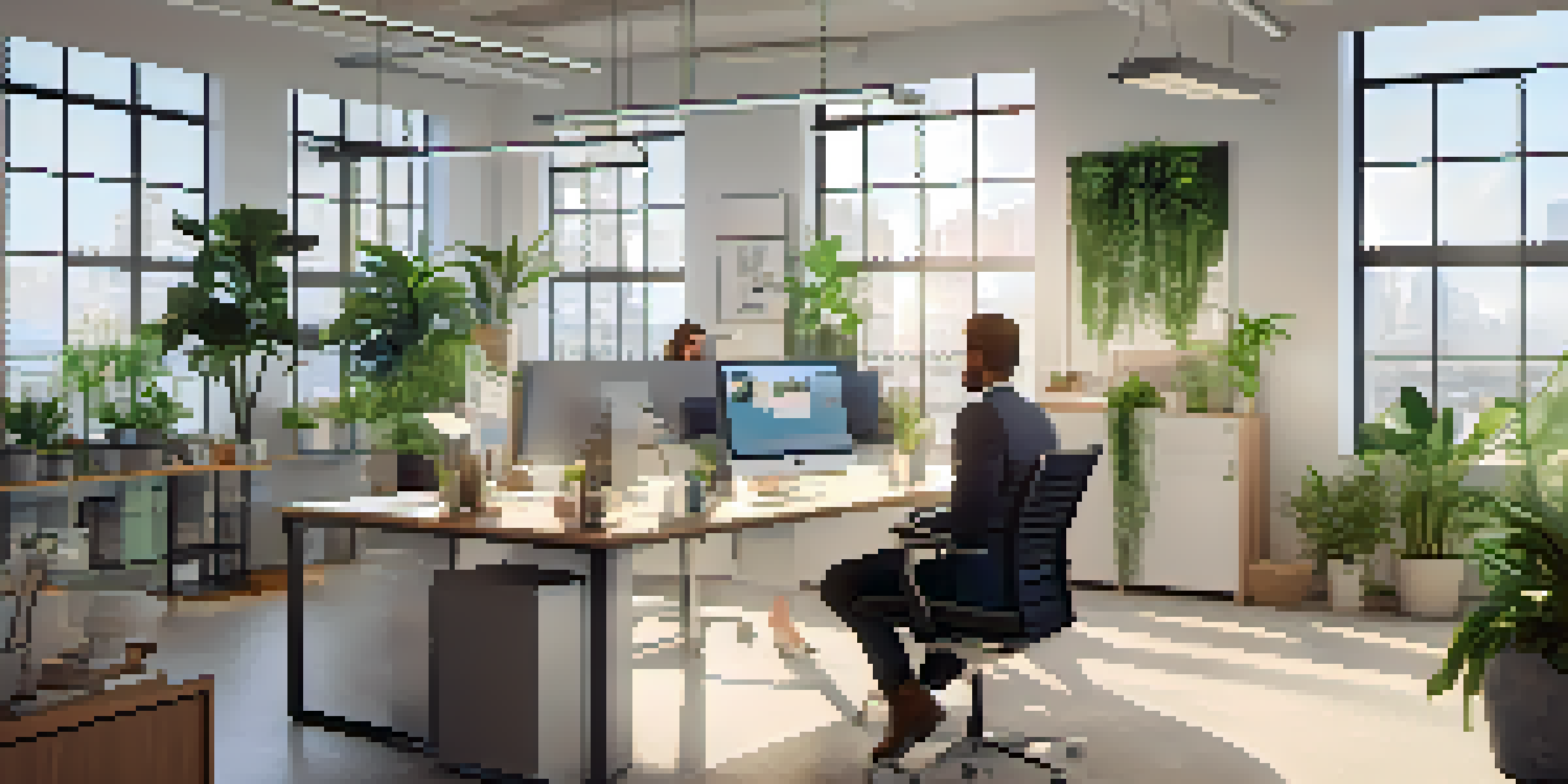 A peaceful office scene with a leader interacting with a diverse team, filled with natural light and greenery.