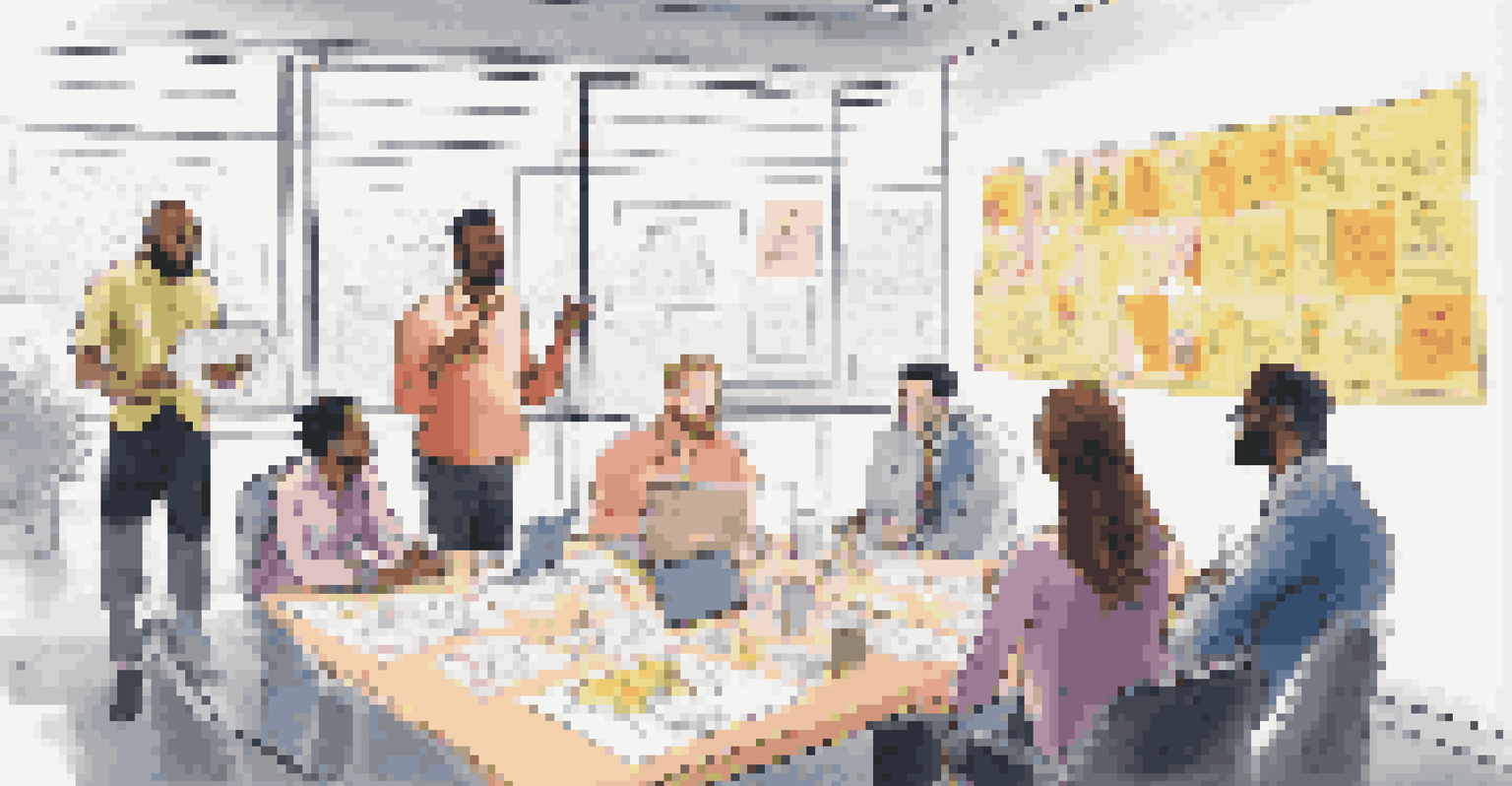 A diverse group of colleagues brainstorming ideas in a modern conference room, with a whiteboard in the background.