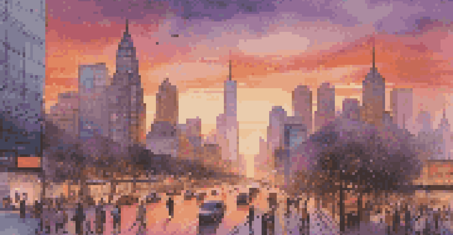 A city skyline at sunset with colorful reflections and a busy street in the foreground.