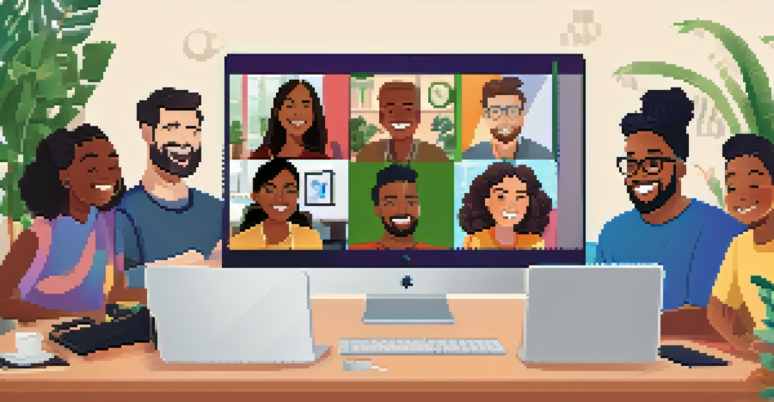A vibrant virtual team-building activity on a video conference call with diverse team members engaged and smiling.