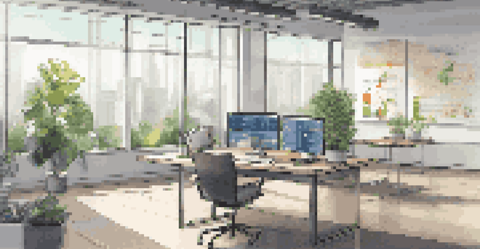 A contemporary office workspace with natural light, a glass desk, a laptop, and data analytics graphs on a screen.