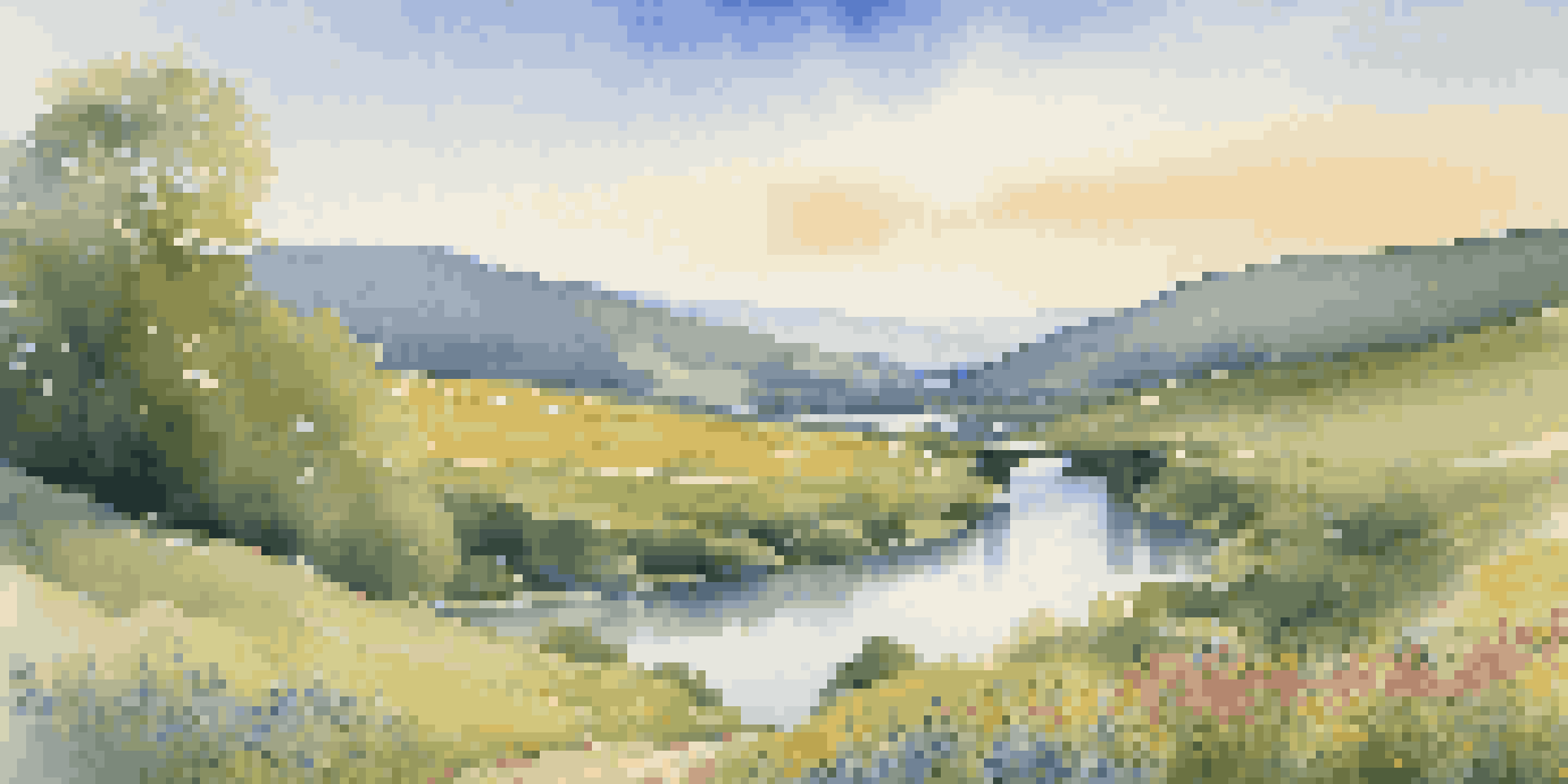 A peaceful valley with hills, a river, flowers, and a wooden bridge under a blue sky.