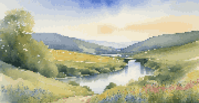 A peaceful valley with hills, a river, flowers, and a wooden bridge under a blue sky.