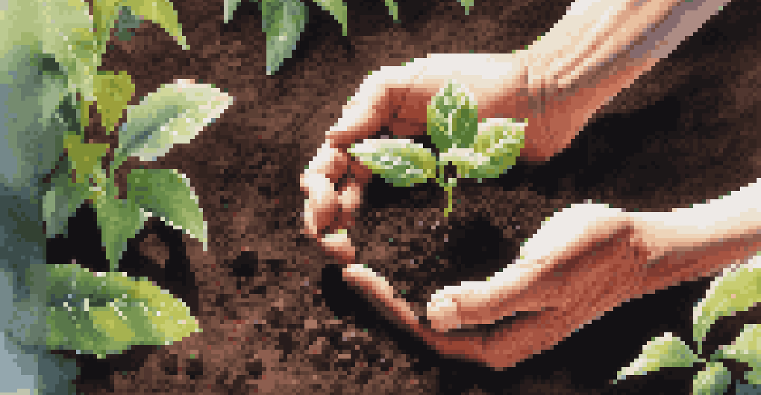 Hands planting seedlings in soil with a garden in the background.