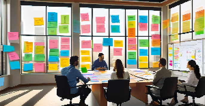 A project management office with a diverse team of professionals brainstorming around a wooden table, bright natural light, sticky notes, and a projector displaying a risk matrix.