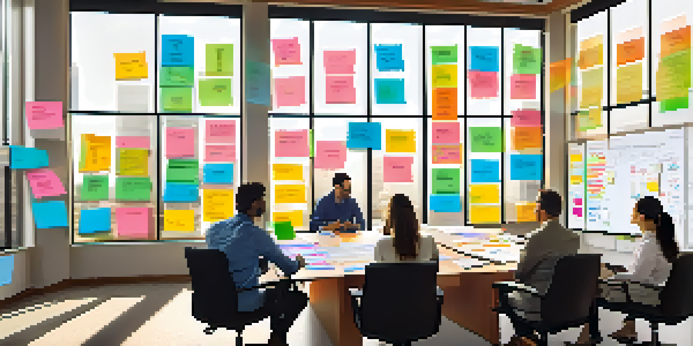 A project management office with a diverse team of professionals brainstorming around a wooden table, bright natural light, sticky notes, and a projector displaying a risk matrix.