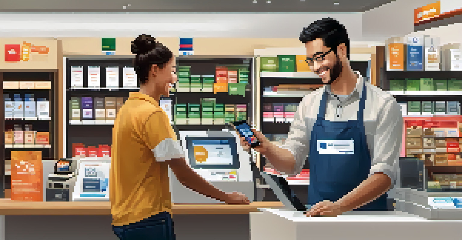 A store owner helping a customer with mobile payment in a brightly lit retail environment.