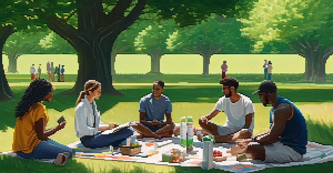 A diverse group of people sitting in a park, participating in an ethical marketing workshop with notebooks and eco-friendly materials.