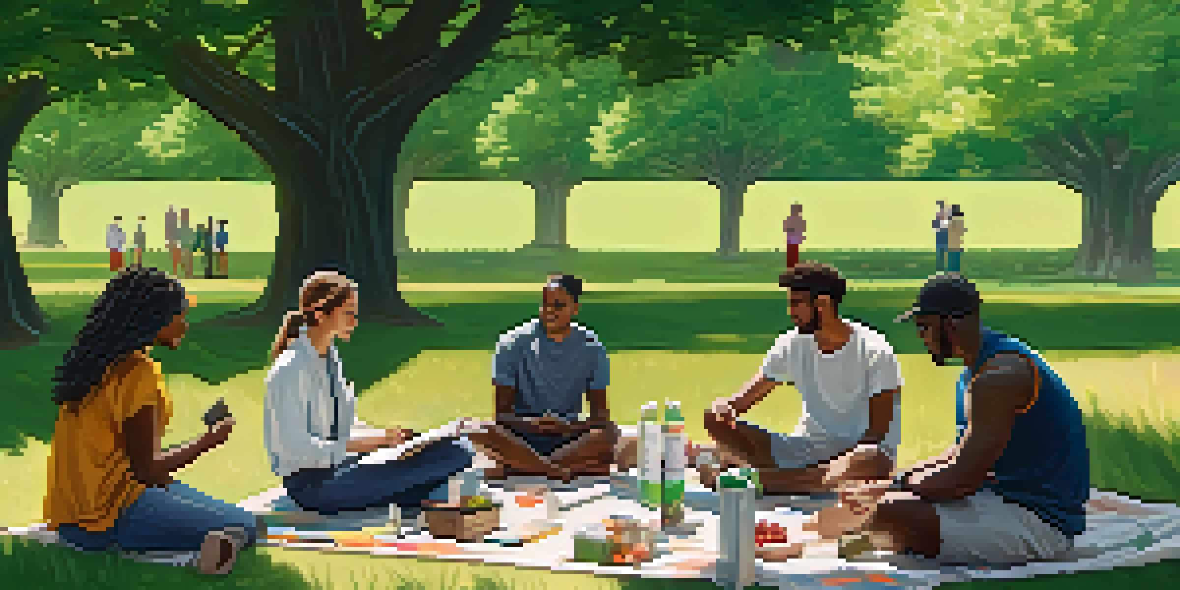 A diverse group of people sitting in a park, participating in an ethical marketing workshop with notebooks and eco-friendly materials.