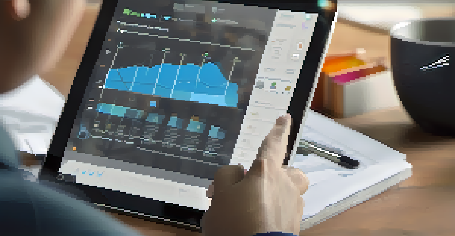 A hand interacting with a tablet displaying a webinar interface and interactive elements.