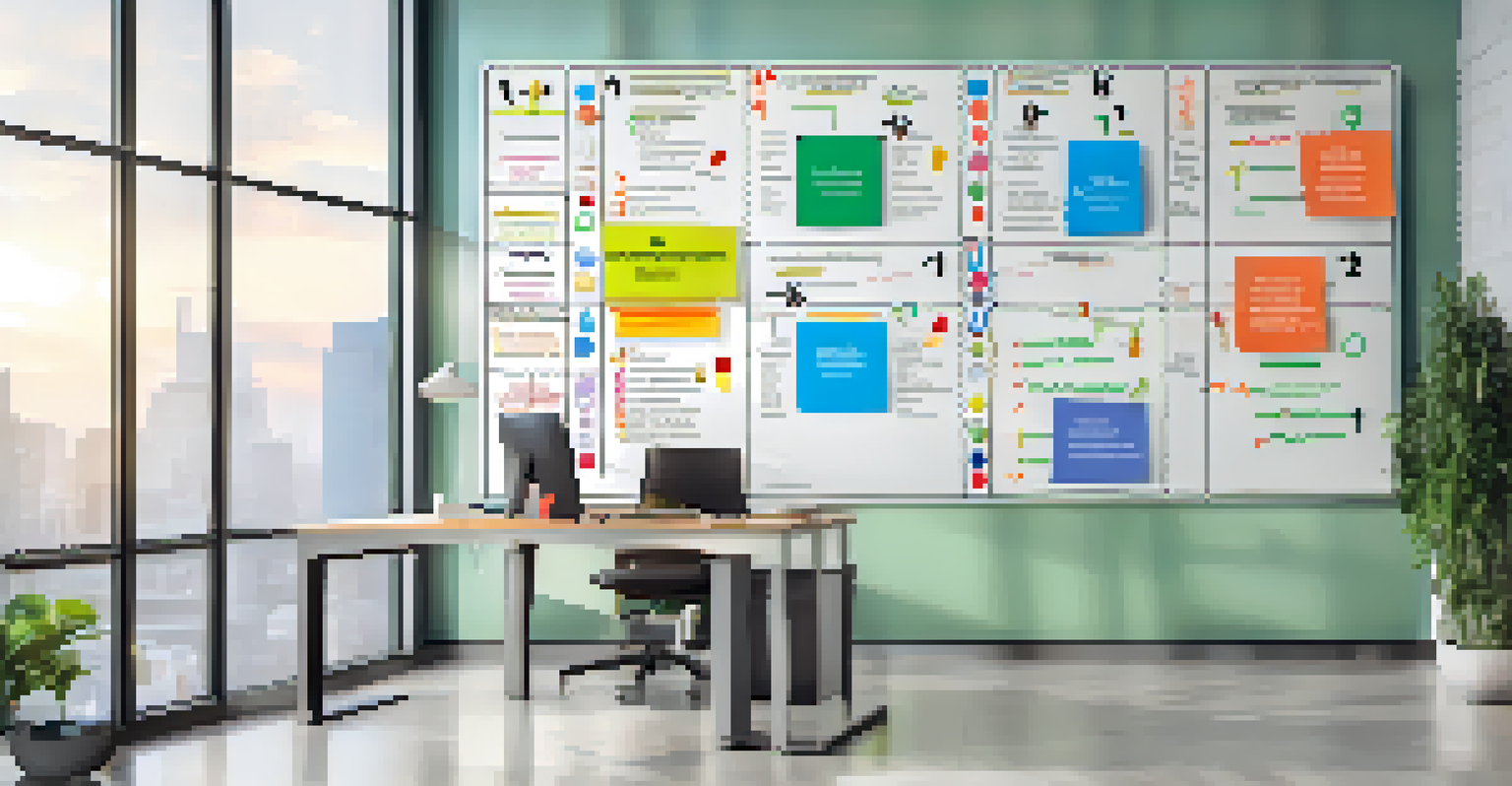 A colorful risk matrix chart on a whiteboard in a creative office space, categorizing risks into four quadrants.