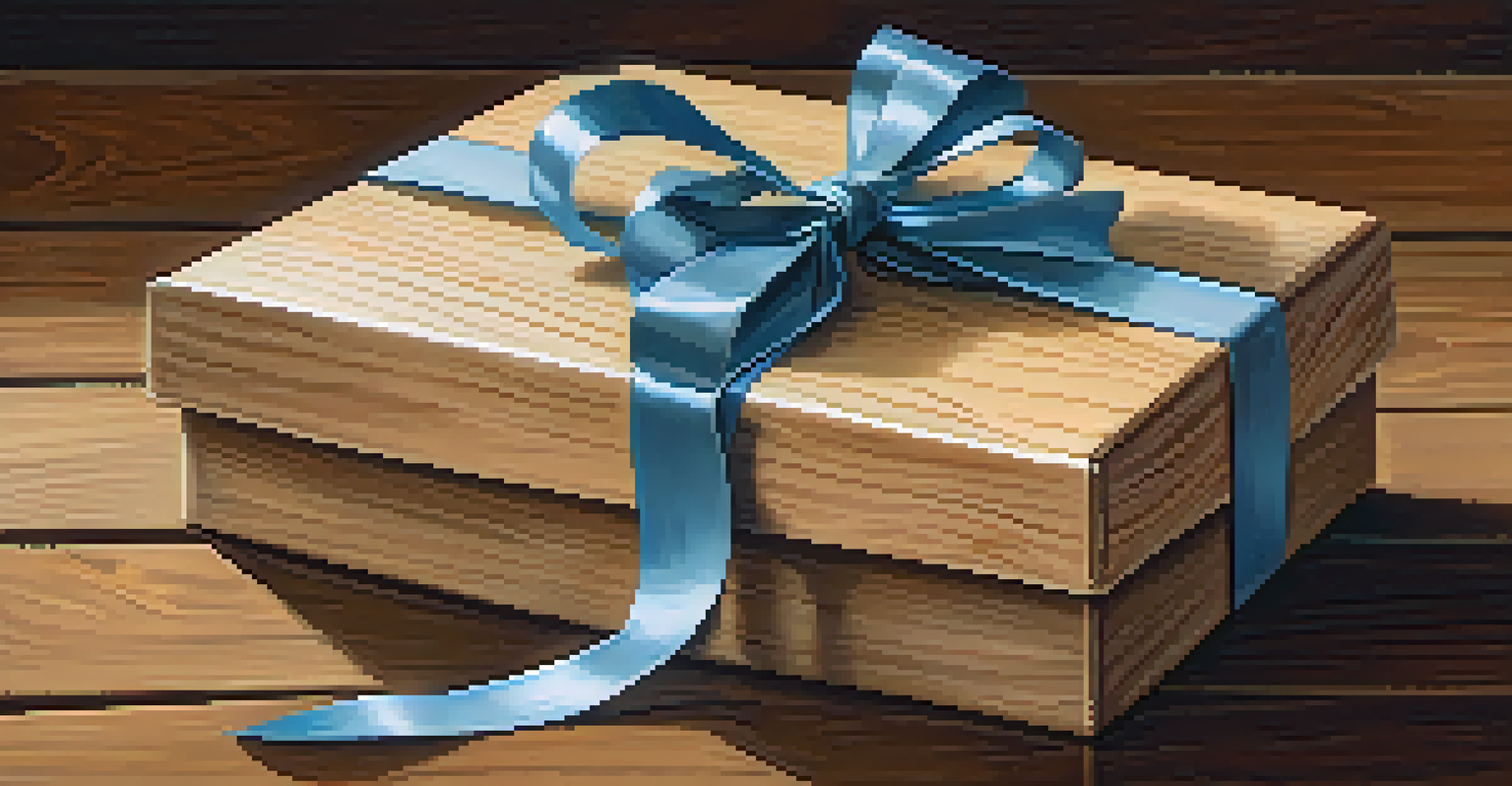 A close-up of an elegantly wrapped gift box with a ribbon on a rustic wooden table, featuring a handwritten note of gratitude.