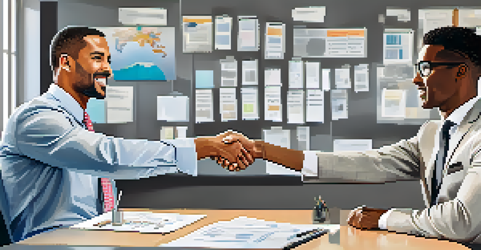 Two diverse business professionals shaking hands in a bright office, with motivational posters and a whiteboard in the background.