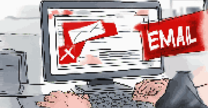 A close-up of a computer screen showing a suspicious email with a warning banner, and a hand hovering over the mouse in a modern office.