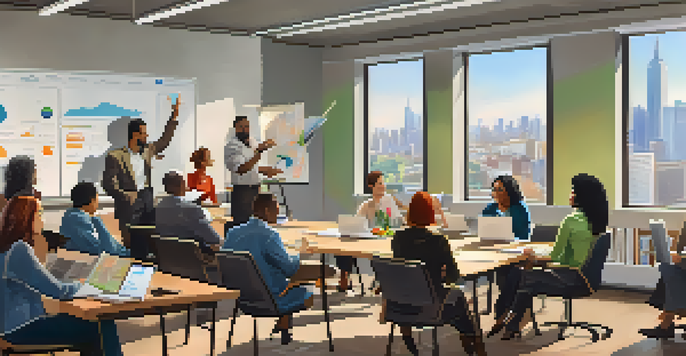 A diverse group of employees participating in a lively training session in a well-lit room, with laptops and notepads on a large table.