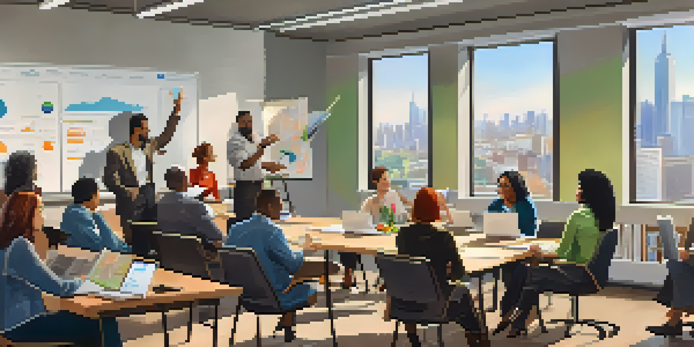 A diverse group of employees participating in a lively training session in a well-lit room, with laptops and notepads on a large table.