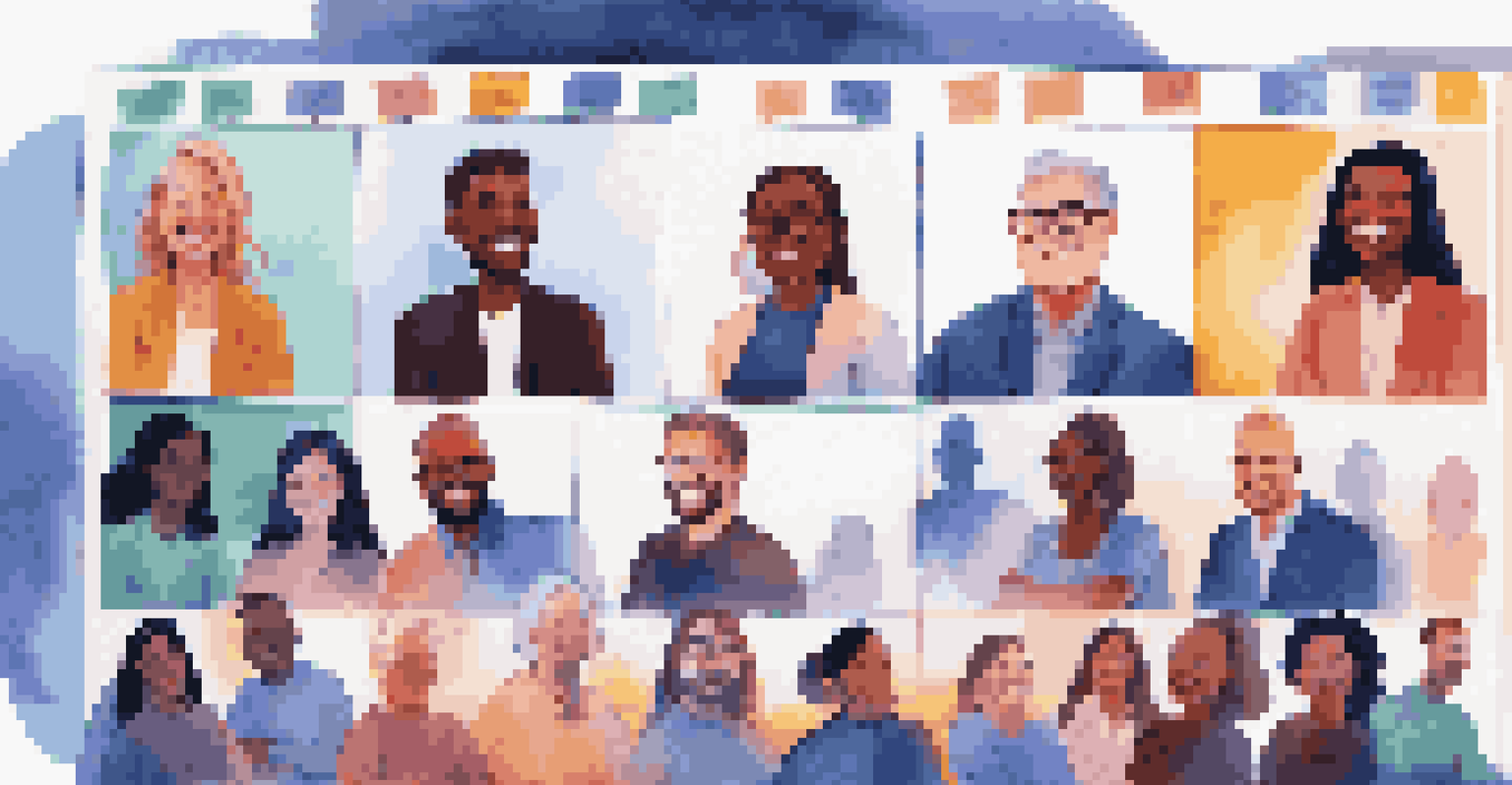 A virtual team meeting with diverse members smiling on a large screen.