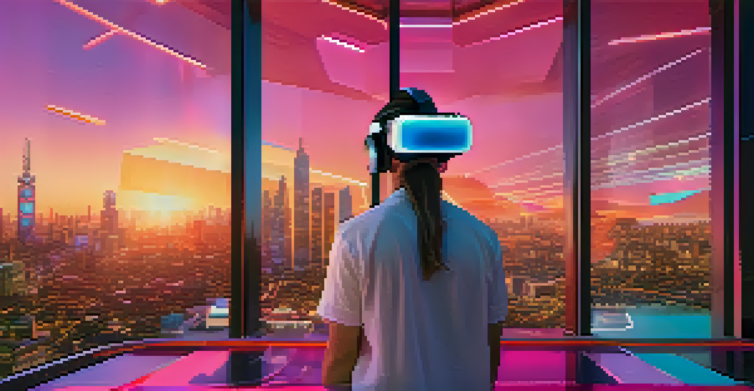 A person using VR goggles in a colorful virtual reality environment, interacting with 3D models of buildings against a futuristic city skyline.