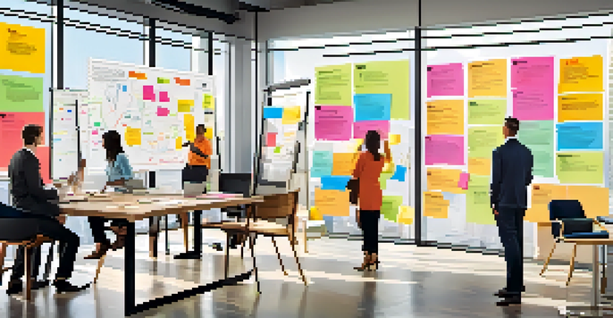 A modern office scene featuring a Business Model Canvas on a whiteboard with colorful sticky notes, team members collaborating in a bright environment.