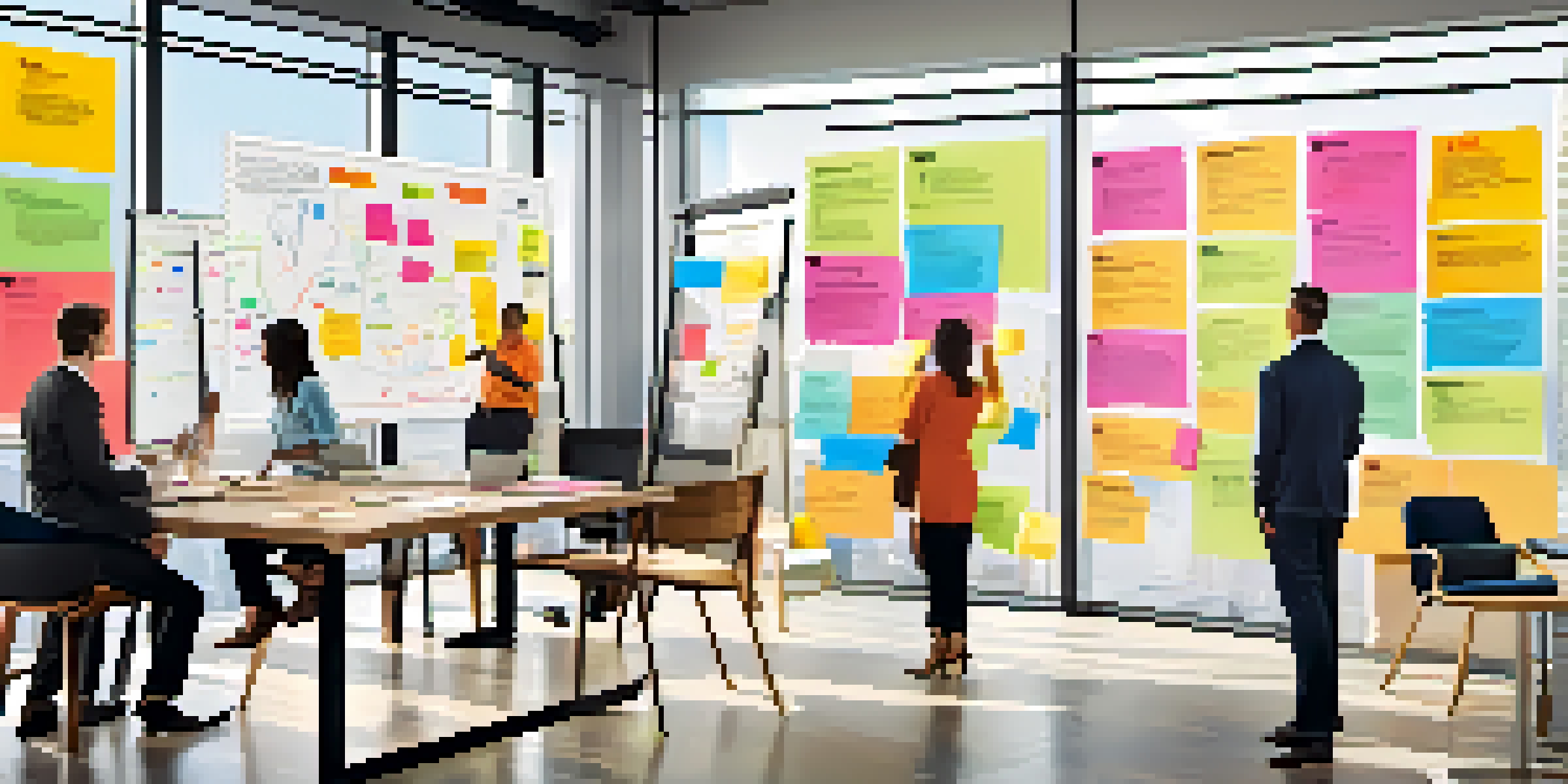 A modern office scene featuring a Business Model Canvas on a whiteboard with colorful sticky notes, team members collaborating in a bright environment.