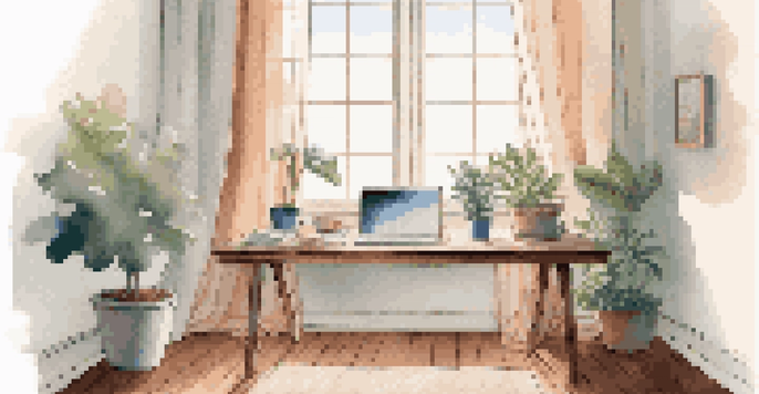 A modern workspace with a laptop, a potted plant, and a cup of coffee in soft morning light.