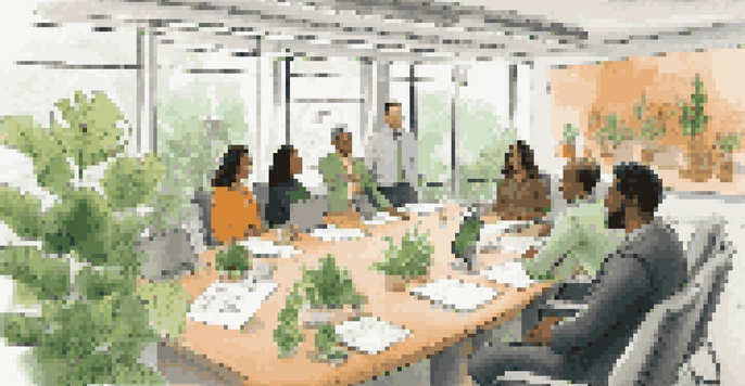 A diverse group of suppliers and manufacturers in a meeting about ethical practices in a modern conference room.