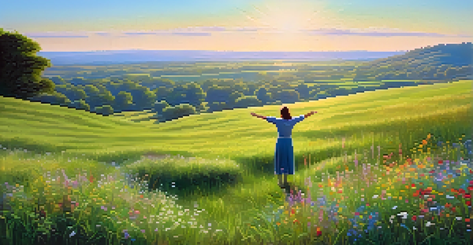 A person standing in a green field with wildflowers, arms outstretched under a clear blue sky, surrounded by nature.