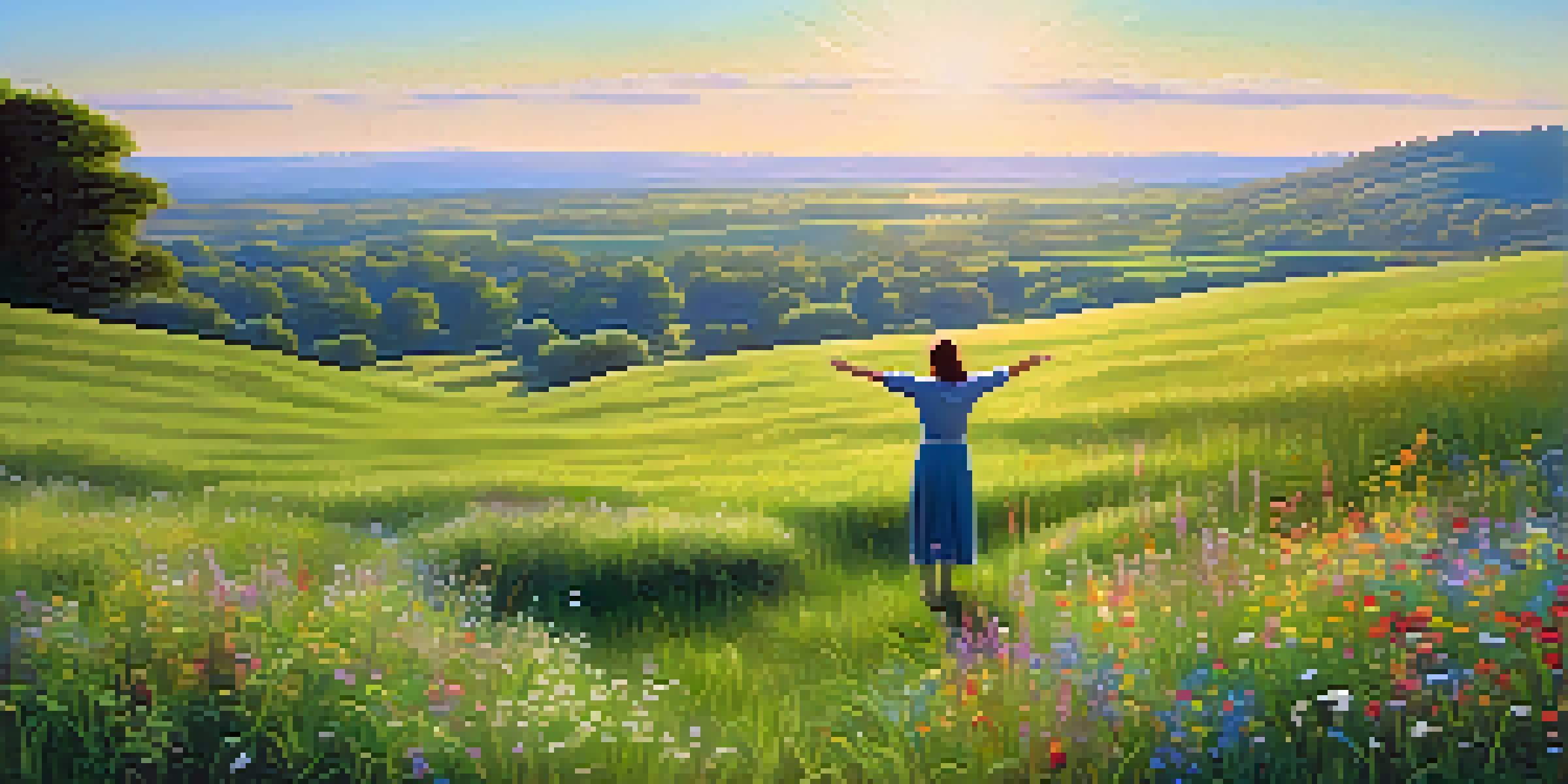 A person standing in a green field with wildflowers, arms outstretched under a clear blue sky, surrounded by nature.