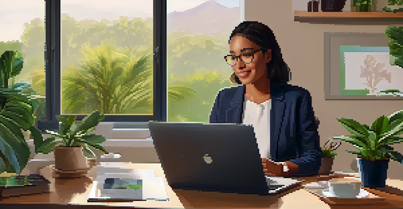 A home office with an employee on a video call, featuring a laptop, coffee mug, and personal decorations.