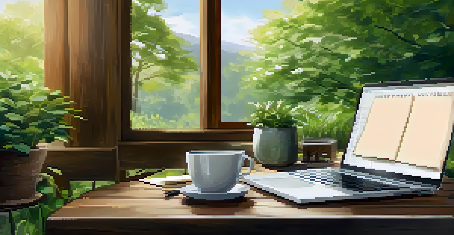 A peaceful outdoor workspace featuring a laptop, tea cup, and an open notebook amidst greenery.