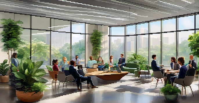 A diverse group of employees collaborating in a bright and modern office space with natural light and greenery, representing corporate social responsibility.