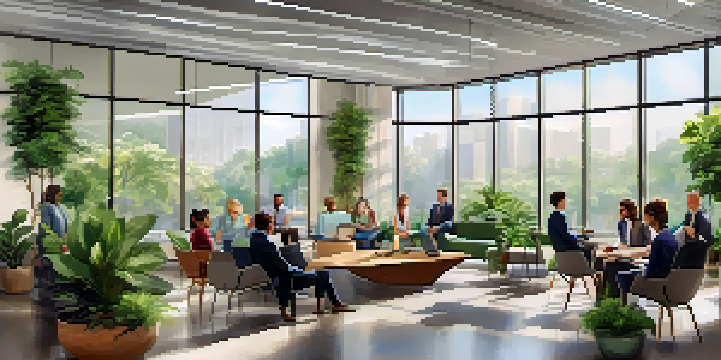 A diverse group of employees collaborating in a bright and modern office space with natural light and greenery, representing corporate social responsibility.