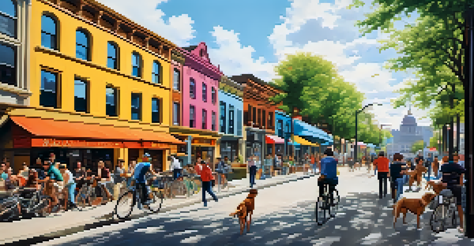 A lively urban street with colorful murals, pedestrians, and cyclists creating a vibrant atmosphere.