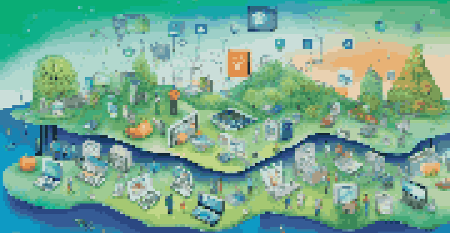 A digital landscape filled with colorful icons representing various consumer segments connected by bright lines.