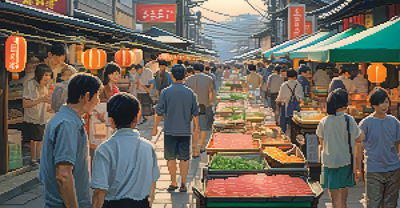 A vibrant street market in Japan with food stalls selling sushi and ramen, filled with people enjoying their meals under colorful banners and lanterns.