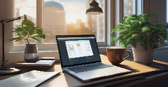 A peaceful office workspace featuring a wooden desk, an open laptop with financial graphs, a notepad with notes, a potted plant, and a coffee cup, all bathed in soft natural light.
