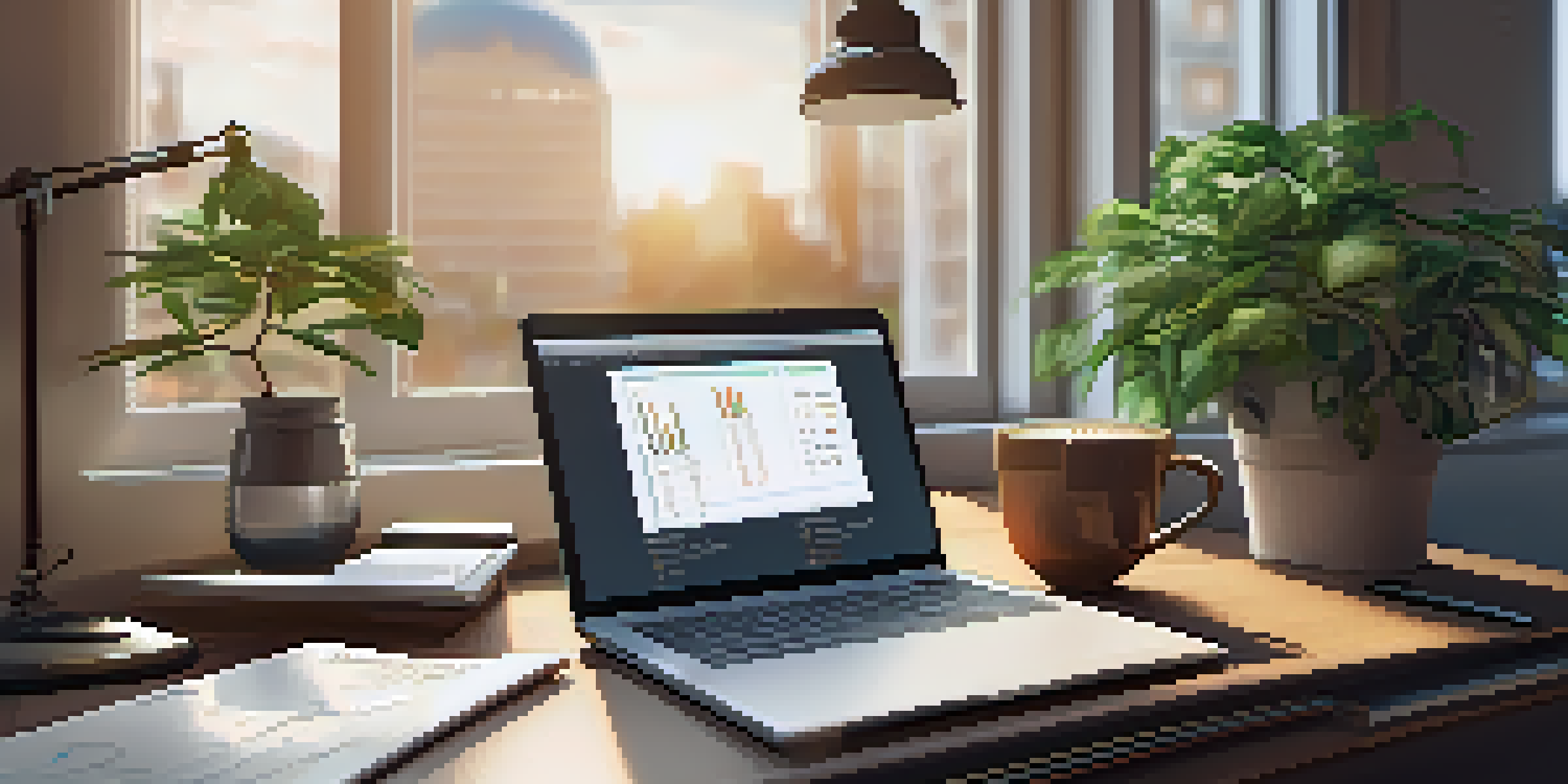 A peaceful office workspace featuring a wooden desk, an open laptop with financial graphs, a notepad with notes, a potted plant, and a coffee cup, all bathed in soft natural light.