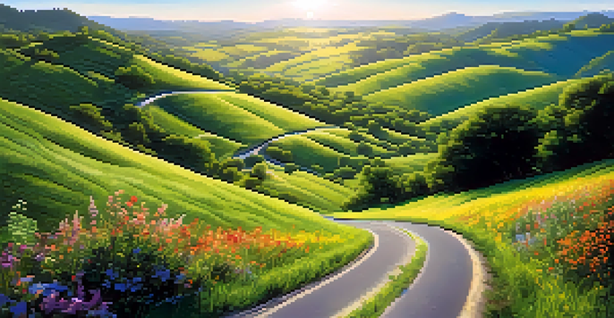 A winding road through a green valley with wildflowers, under a clear blue sky.