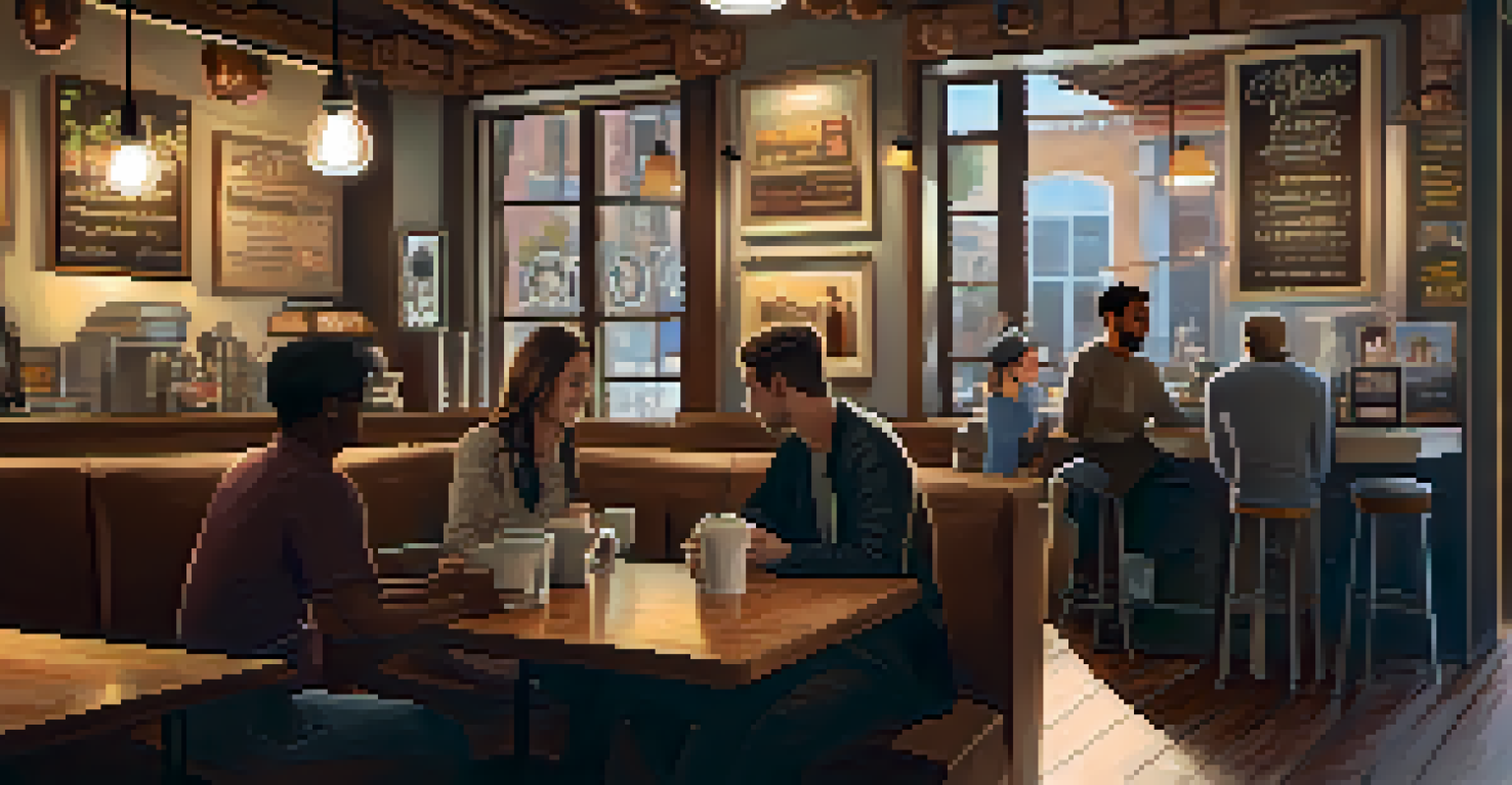 A warm coffee shop with diverse customers and social cause artwork on the walls, showcasing community engagement.