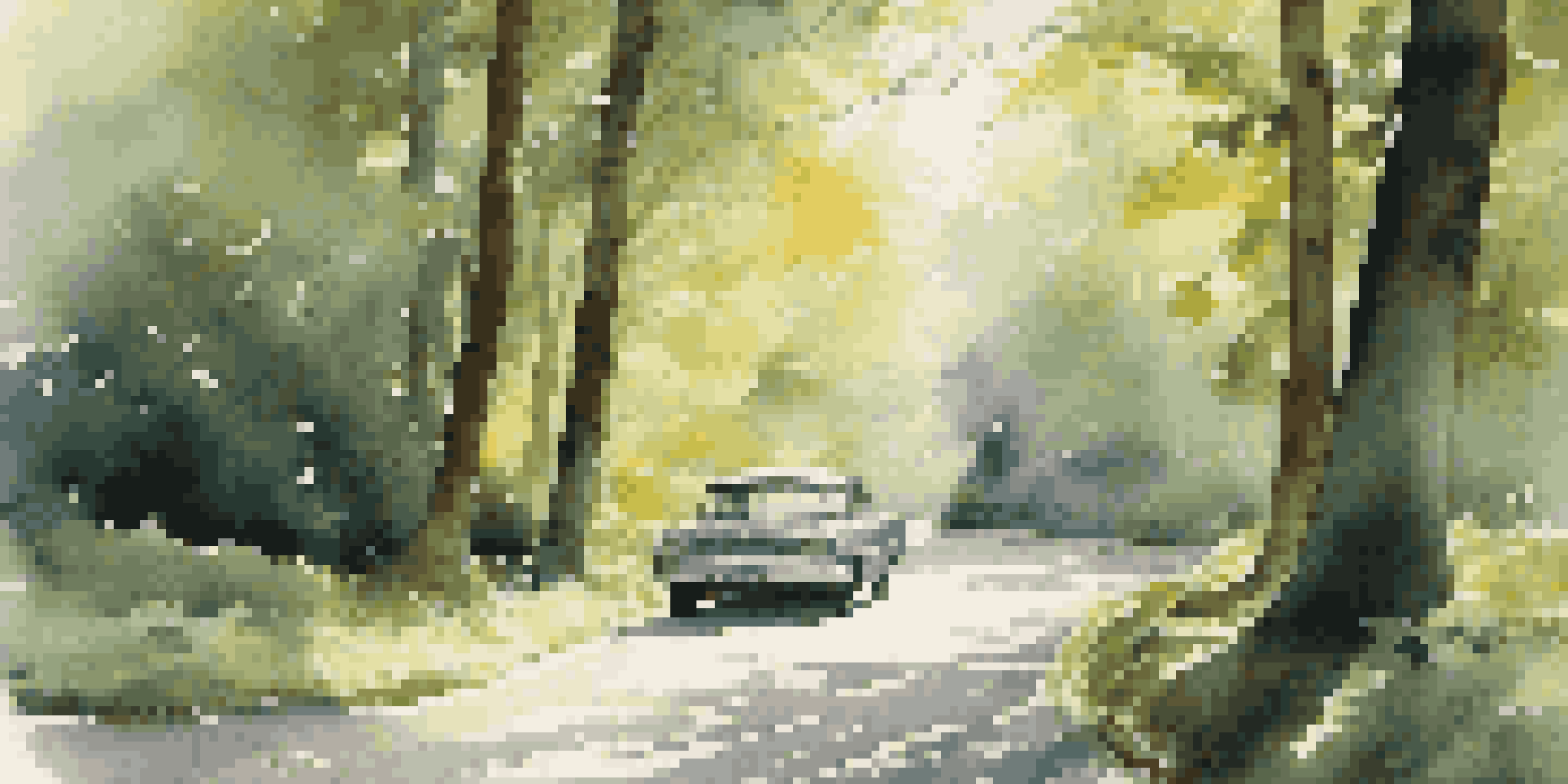 A winding road in a lush forest with sunlight filtering through the trees, and a parked car with a map on the hood.