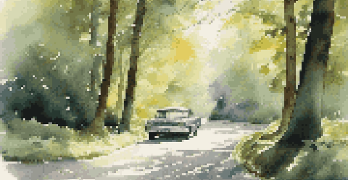 A winding road in a lush forest with sunlight filtering through the trees, and a parked car with a map on the hood.