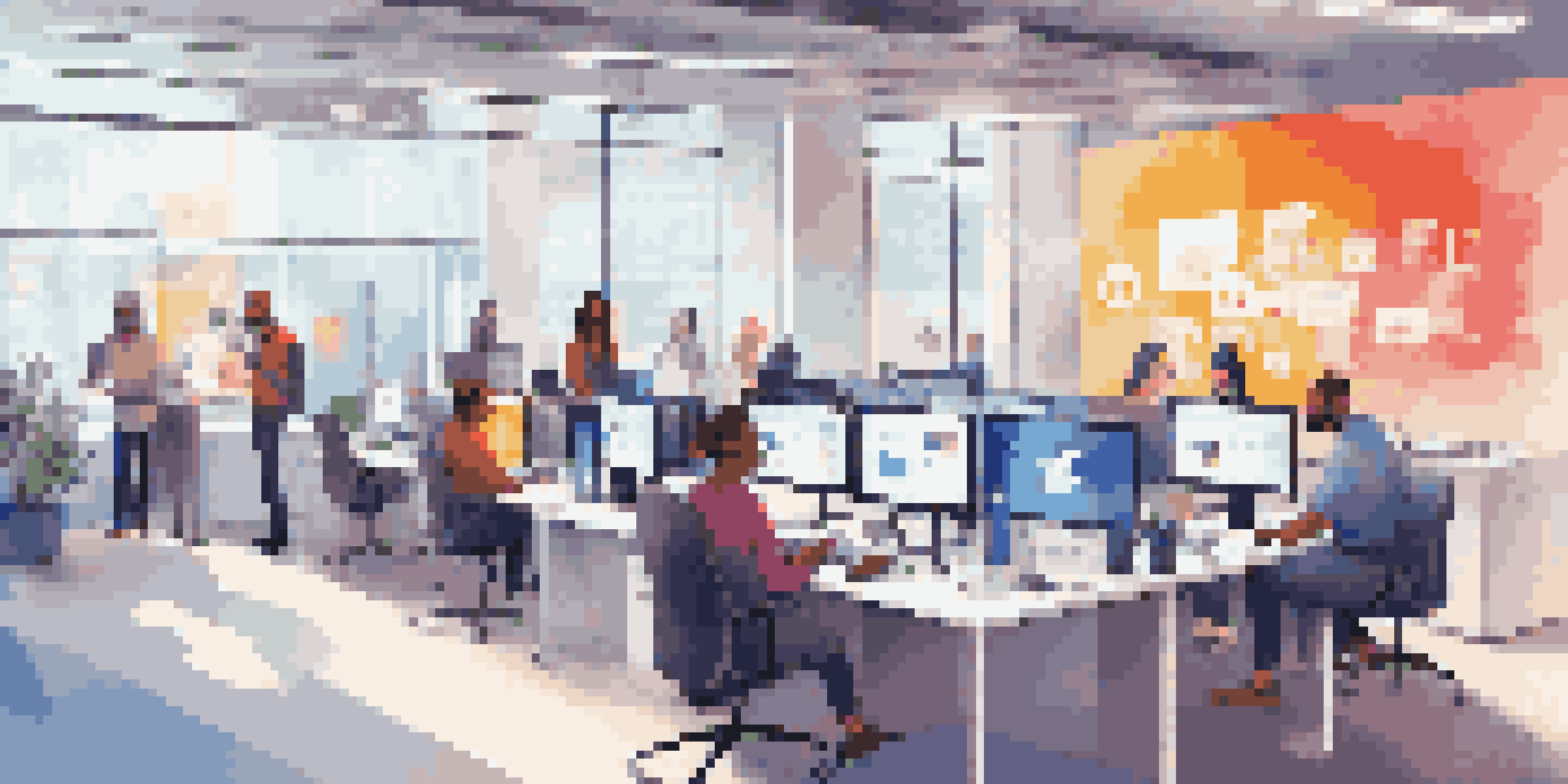 A diverse team of customer service representatives collaborating in a bright office, with screens showing social media messages and a modern workspace.