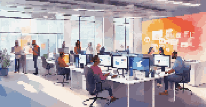 A diverse team of customer service representatives collaborating in a bright office, with screens showing social media messages and a modern workspace.