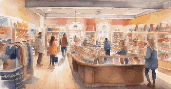 A bright and inviting retail store with warm lighting and diverse customers happily browsing shelves filled with colorful products.