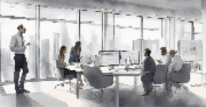 A modern office with professionals discussing real-time financial data on a large screen, filled with natural light.