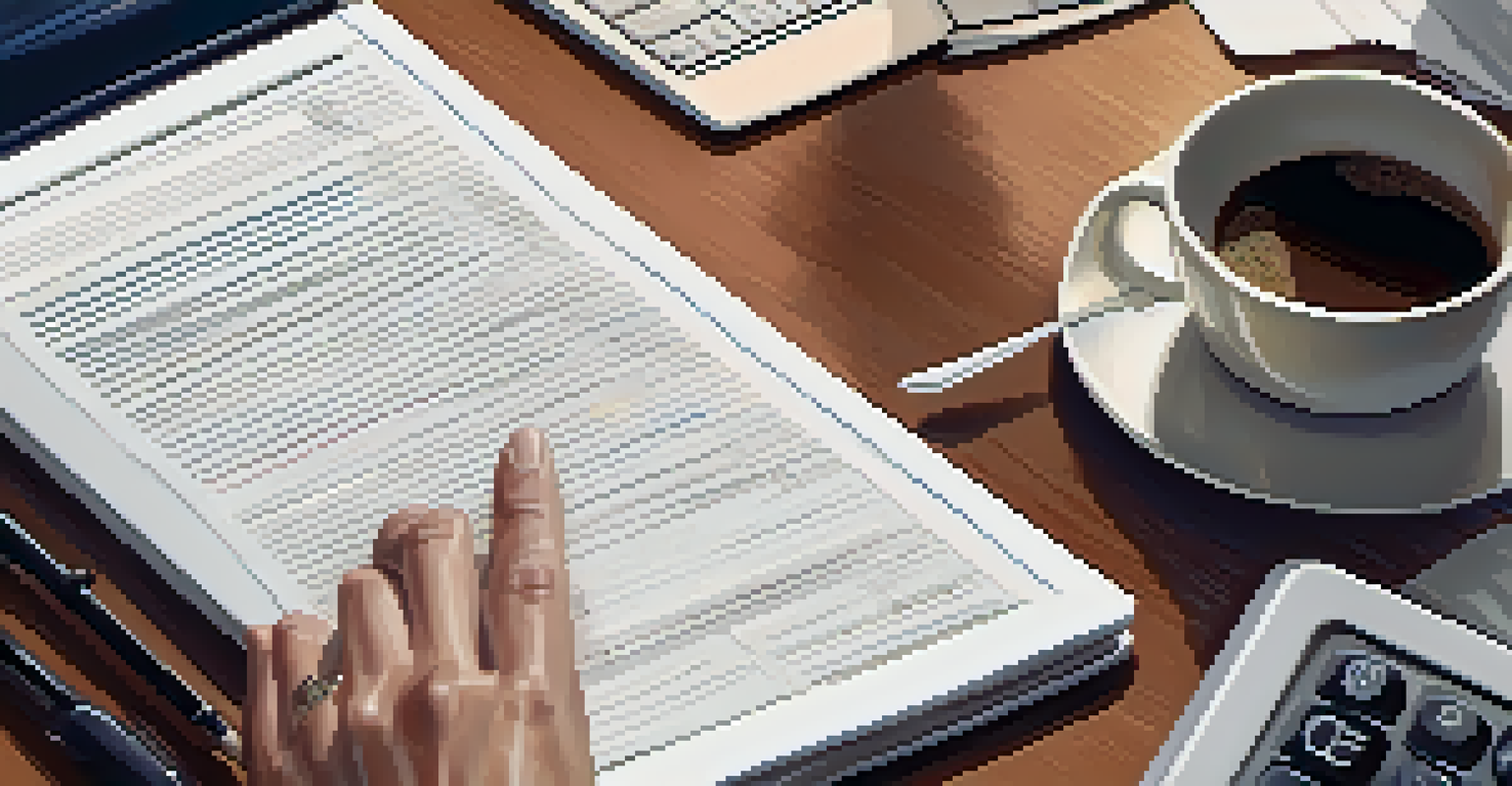 Close-up of hands typing on a laptop with corporate governance documents and a coffee cup on a desk in a warm office setting.