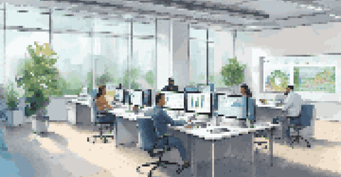 A diverse group of professionals working together in a modern office, with a digital screen showing marketing analytics.