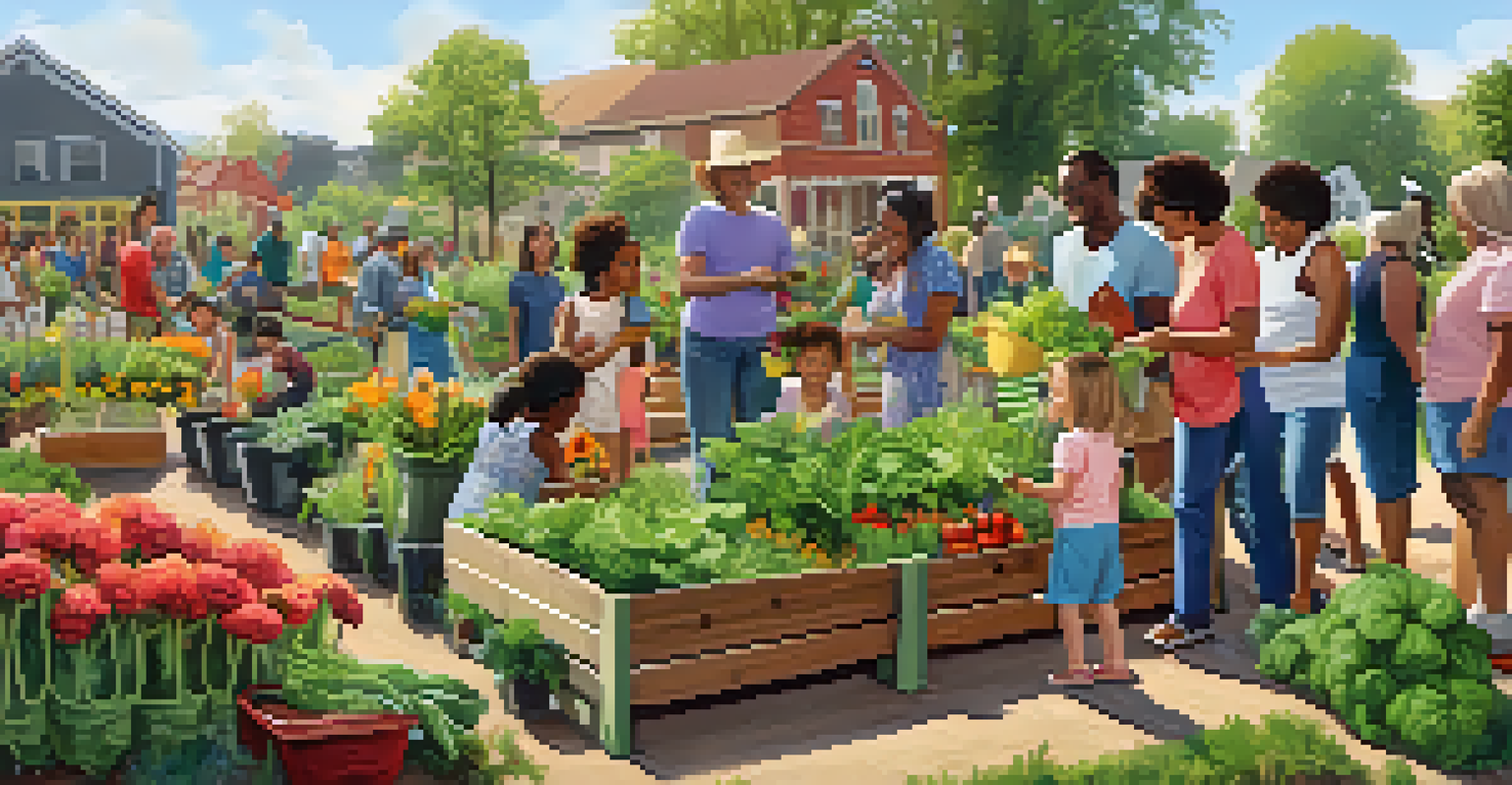 A diverse community garden with people planting and enjoying gardening activities under the sun.