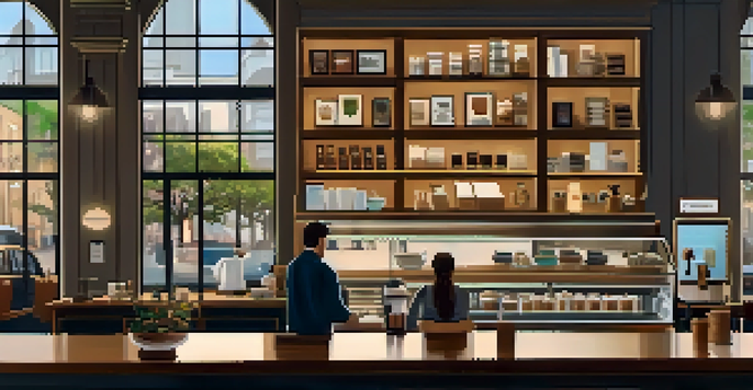 A cozy coffee shop interior with wooden furniture, warm lighting, and a barista preparing coffee, highlighting a welcoming environment.